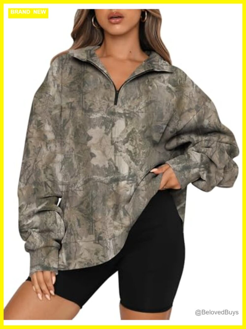 Women Camo Half Zip Fleece Sweatshirt Oversized Mock Neck Pullover